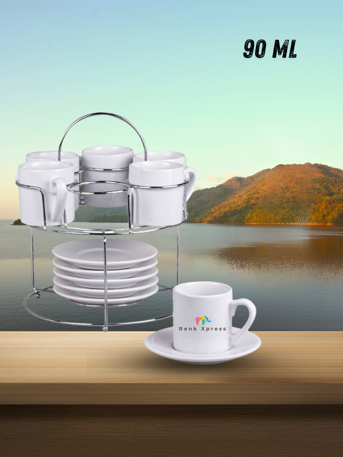 90 ml 6'li Kişiselleştirilebilir Yatay Standlı S Kulplu Porselen Kahve Fincan Takımı – Promosyon & Kurumsal Hediyelik